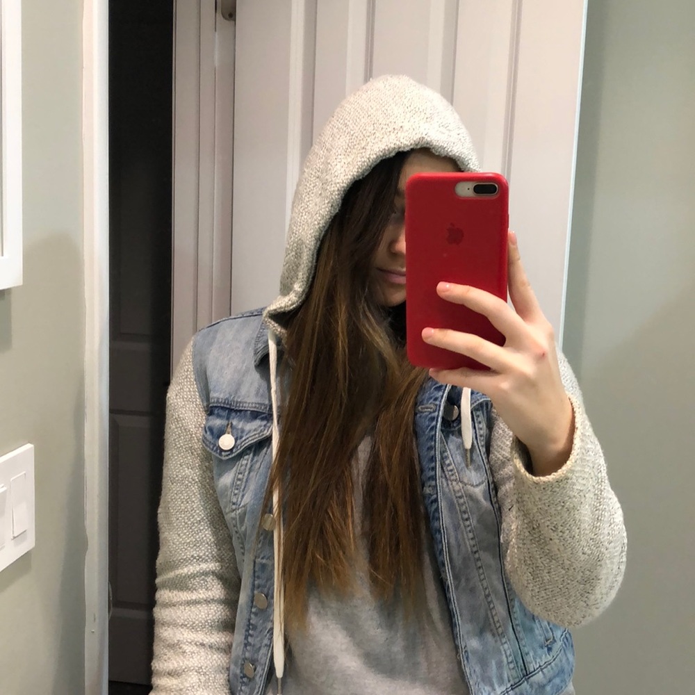 Jean jacket with sweater sleeves/hood